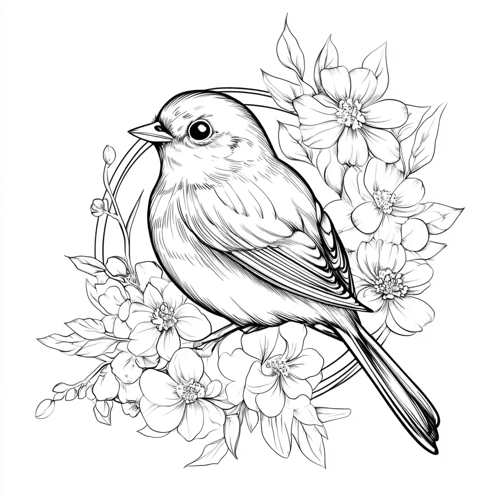 A detailed line drawing of a small bird perched amidst a cluster of delicate flowers.  The bird is depicted in a profile view, its feathers meticulously rendered. The flowers, possibly blossoms, surround the bird in a circular arrangement, creating a visually appealing composition. The style is reminiscent of botanical illustration or a tattoo design. The image is monochromatic, using only black lines on a white background.