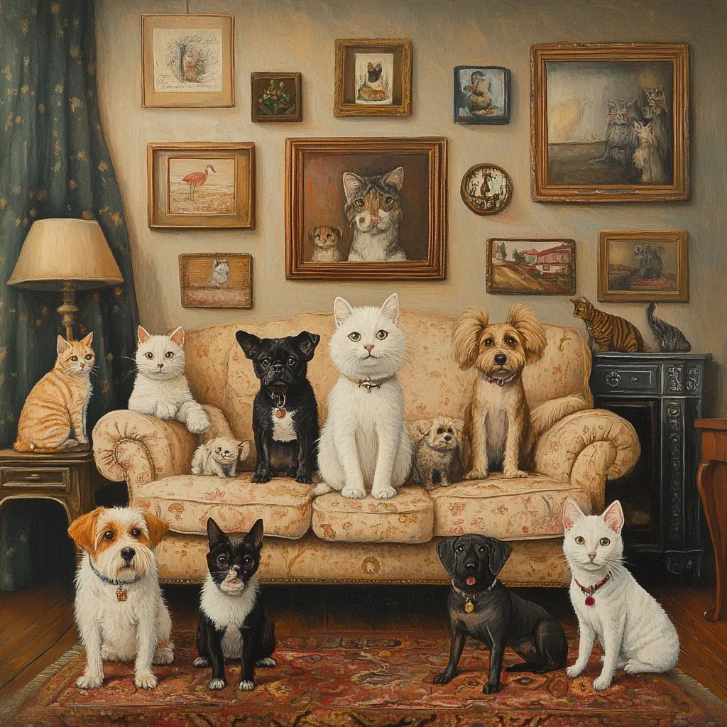 A charming painting depicts a gathering of cats and dogs on a floral couch in a Victorian-style room.  Surrounding the pets are numerous framed pictures of animals, adding to the cozy, domestic scene. The animals, including various breeds and a white cat prominently in the center, display a variety of expressions.  The overall style is meticulous and realistic, creating a whimsical and endearing image.