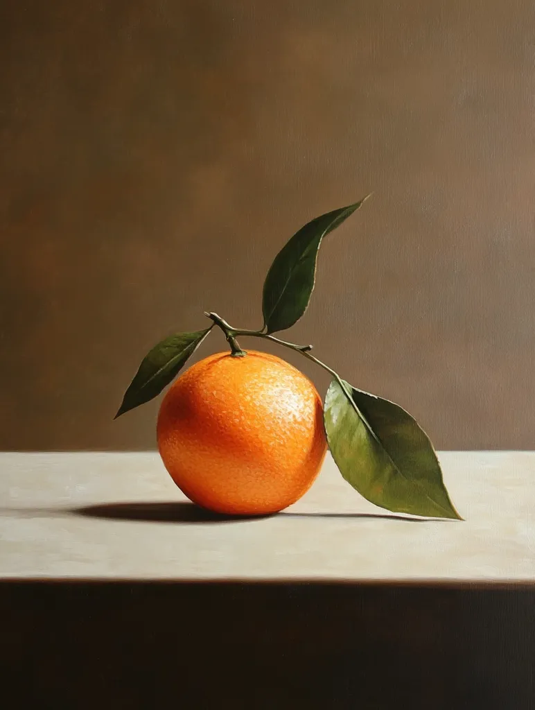 A single, vibrant orange rests on a pale, neutral surface against a muted brown backdrop.  Attached to the orange is a small stem with a few deep green leaves, adding a touch of nature to the still life composition. The painting's style is realistic, emphasizing the texture and subtle highlights of the fruit and its surroundings.  The lighting is soft and creates a gentle shadow beneath the orange.