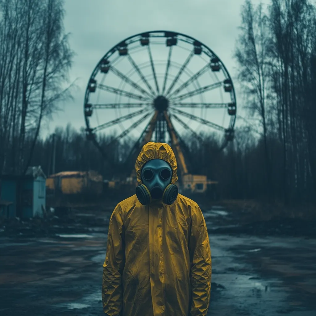 A person in a yellow hazmat suit and gas mask stands in the foreground, with a large, rusted Ferris wheel looming in the background.  The setting appears desolate and abandoned, with bare trees and a somber, overcast sky. The image evokes a sense of post-apocalyptic isolation and environmental disaster.
