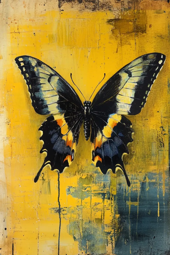 A striking abstract painting features a large, meticulously rendered swallowtail butterfly centered against a vibrant yellow backdrop. The butterfly's black and yellow-orange wings contrast sharply with the textured, gold and grey hues of the background.  The artist uses impasto techniques, creating a sense of depth and movement. The overall effect is both bold and delicate.