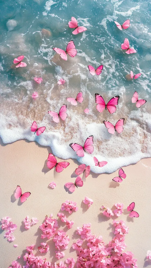 A serene beach scene features delicate pink butterflies fluttering amidst gentle waves.  Soft, light pink blossoms are scattered on the sandy shore, creating a whimsical and romantic atmosphere. The overall aesthetic is peaceful and dreamy, with a pastel color palette emphasizing the beauty of nature.