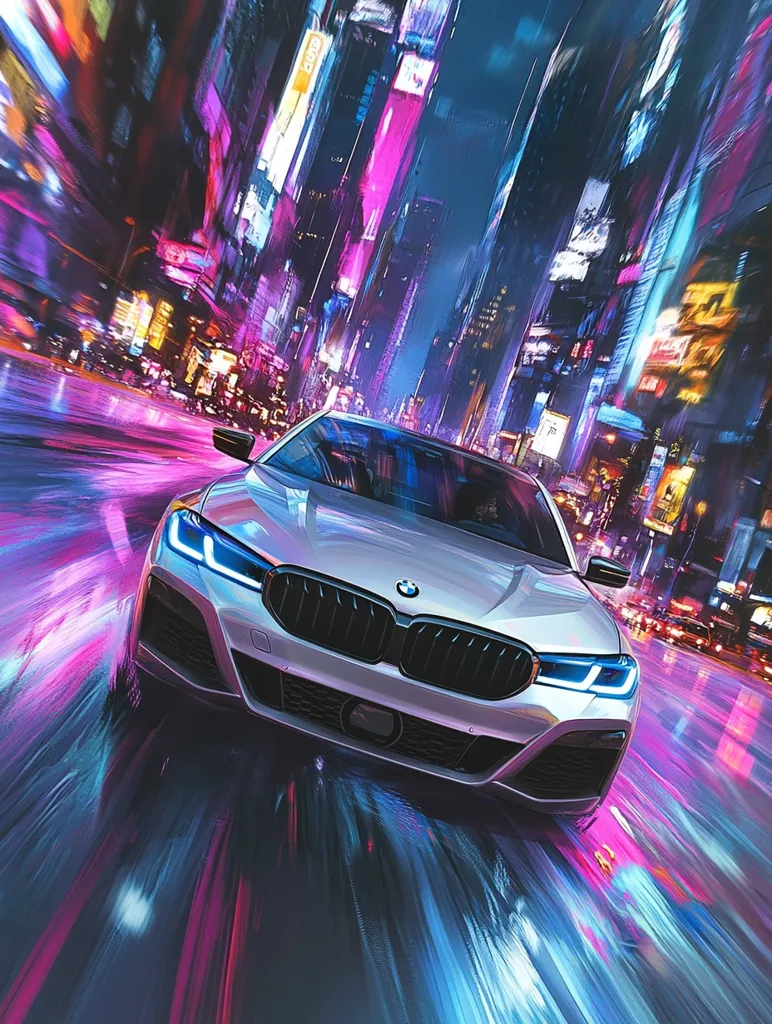 A silver BMW sedan speeds through a vibrant, neon-lit cityscape at night.  The image is stylized with dynamic brushstrokes, creating a sense of motion blur and energy.  Bright pinks, purples, and blues illuminate the futuristic architecture and wet city streets, highlighting the car's sleek design as it navigates the bustling urban scene.