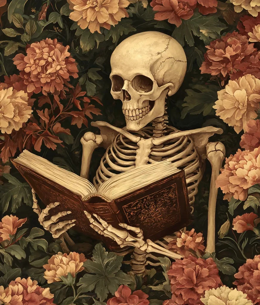 A human skeleton sits nestled amongst a profusion of dark-toned, richly colored flowers.  The skeleton delicately holds an antique, ornate book open in its bony hands, seemingly engrossed in reading. The scene evokes a sense of quiet contemplation and the passage of time, with the juxtaposition of life and death emphasized by the floral setting and skeletal figure.  The overall aesthetic is dark romanticism.