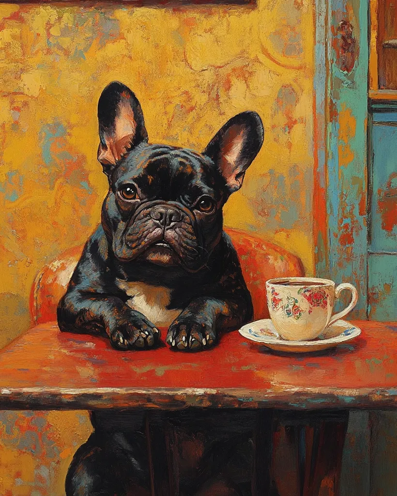 A black French bulldog sits at a small, red table, its paws neatly placed on the surface.  A delicate teacup and saucer with floral designs rest beside the dog. The background features a warm, textured yellow wall and a partially visible teal door. The painting style is richly textured and expressive, capturing the dog's attentive gaze.
