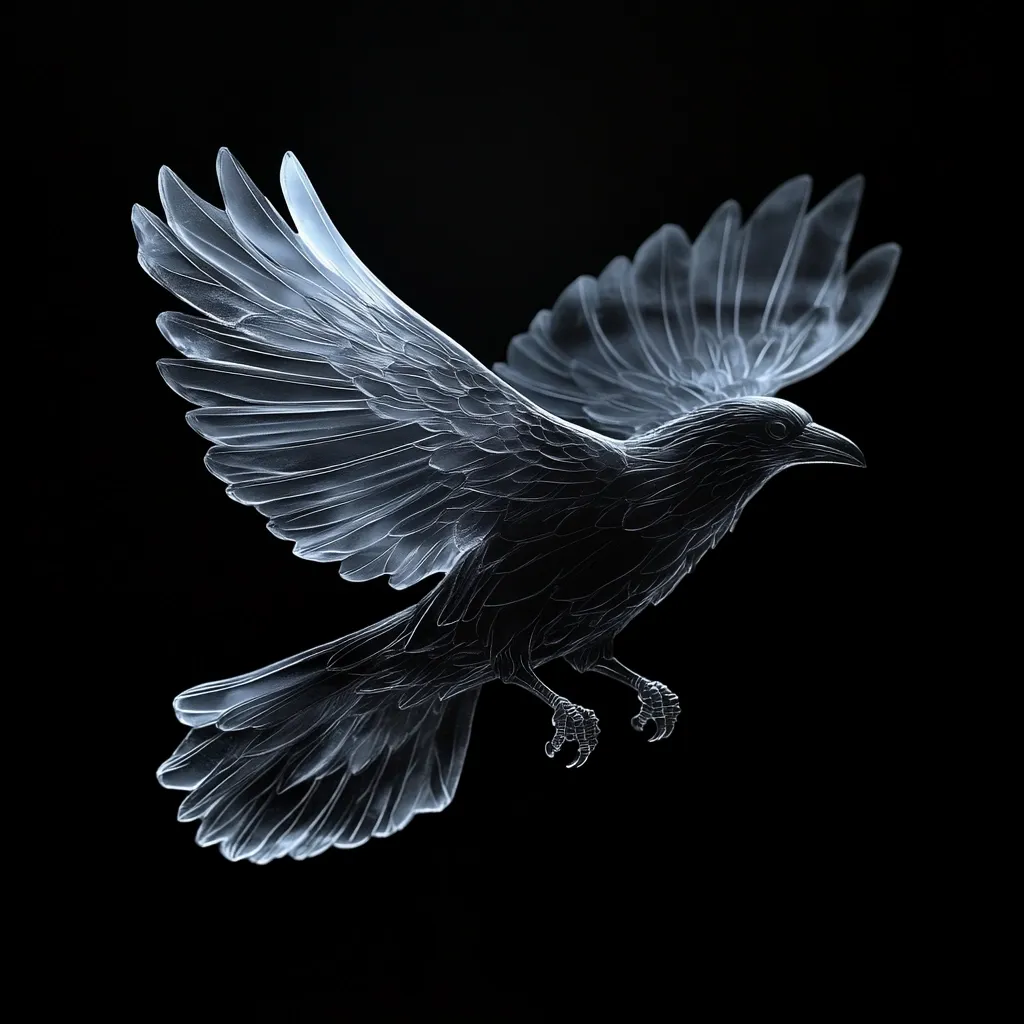 A stylized rendering of a raven in flight against a black background.  The bird is depicted with translucent wings, giving it an ethereal quality.  Its form is detailed, showcasing feathers and talons, yet maintains a sense of ghostly elegance. The overall effect is dark, mysterious, and visually striking.