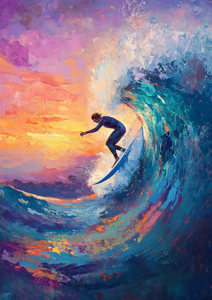 A vibrant, impasto painting depicts a surfer riding a massive wave at sunset.  The artist uses thick, textured brushstrokes to capture the energy of the ocean and the surfer's dynamic pose.  Warm sunset hues in the sky contrast with the cool blues and greens of the wave, creating a striking visual effect.  The overall mood is one of exhilaration and freedom.