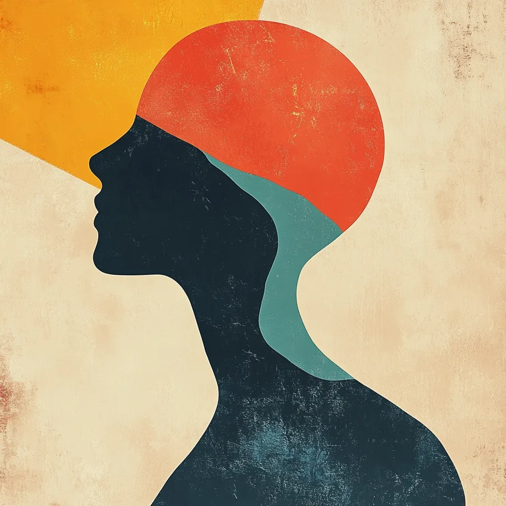 An abstract portrait in muted earth tones depicts a woman's profile.  Her head is composed of overlapping, rounded shapes in orange, teal, and dark navy, creating a stylized representation of hair or a head covering. The background is a textured beige with a splash of yellow, contributing to the overall vintage aesthetic. The piece is minimalist yet evocative, suggesting introspection or inner peace.