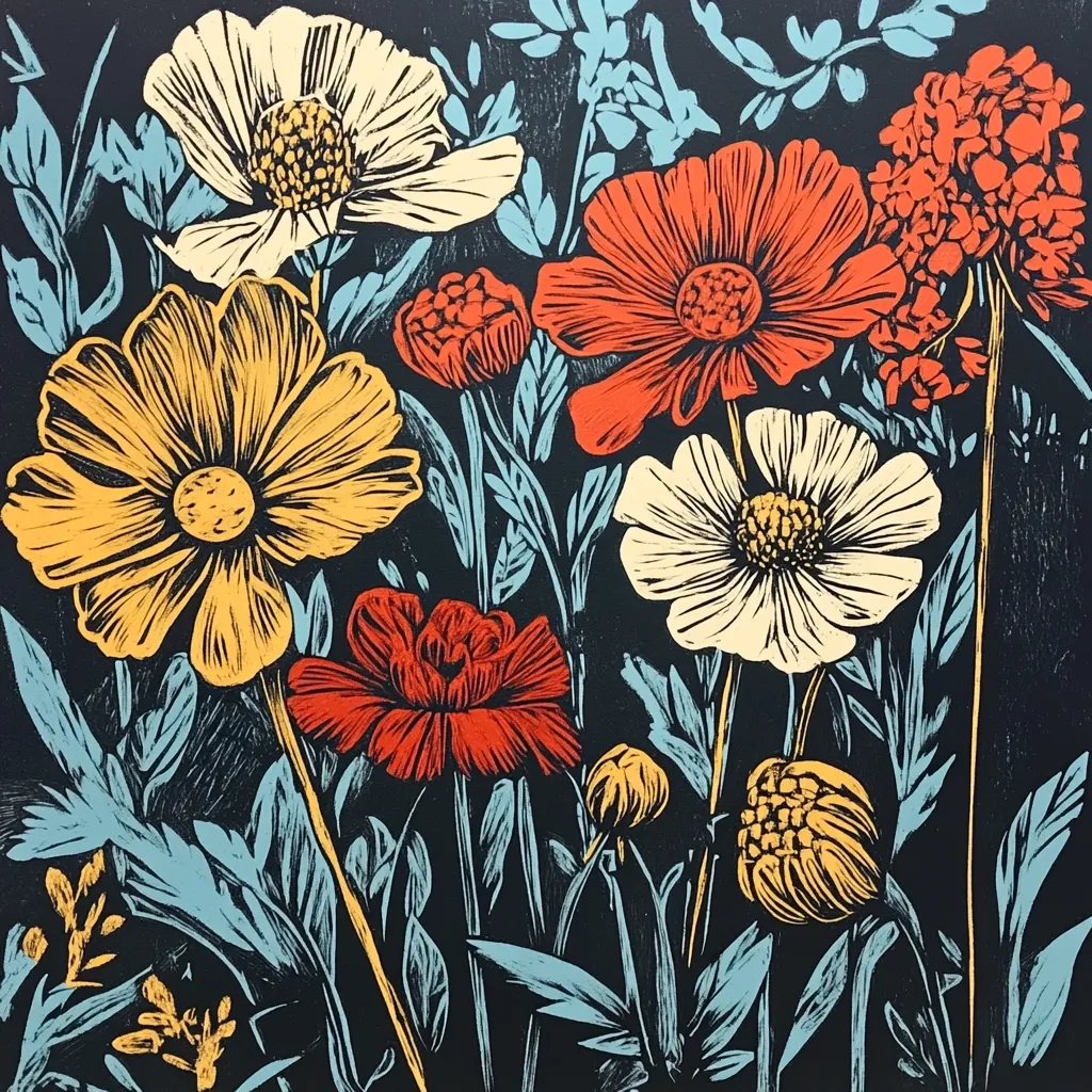 A vibrant linocut print showcases a profusion of flowers in warm and cool tones against a dark background.  Large blooms in creamy white, sunny yellow, and fiery orange dominate the composition, interspersed with smaller, detailed blossoms and stylized foliage in teal.  The bold colors and graphic style create a striking, modern floral design.