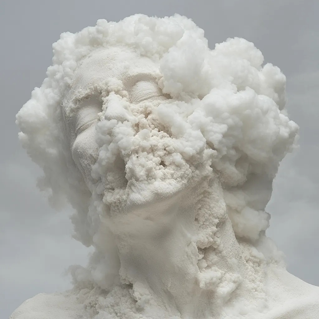 A monochromatic sculpture depicts a bust, seemingly female, with a face partially obscured and consumed by a cloud-like, textured mass.  The white material resembles a crystalline or granular substance, evoking a sense of fragility and transformation. The overall effect is surreal and possibly alludes to themes of decay, metamorphosis, or the ephemeral nature of existence.