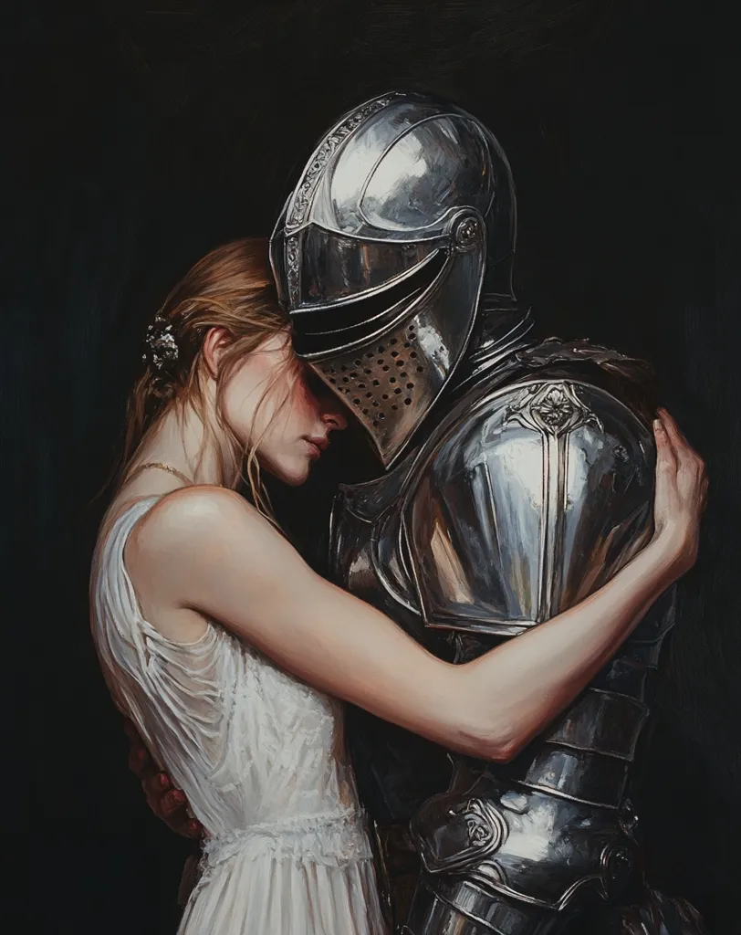 A painting depicts a tender embrace between a woman in a flowing white dress and a knight in shining armor.  Her arms are wrapped around his neck, her head resting gently against his helmet.  The knight's armor reflects light, contrasting with the soft fabric of her dress. The scene is set against a dark background, emphasizing the intimacy of the moment. The overall mood is romantic and poignant.