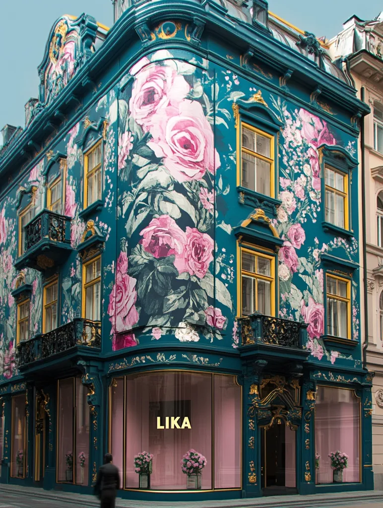 A teal building, ornately decorated with gold accents and balconies, is dramatically covered in a large-scale floral mural of pink roses and greenery.  The ground floor houses a store named "LIKA," with large pink-hued windows displaying floral arrangements. The building's architectural details and vibrant floral design create a striking visual contrast.