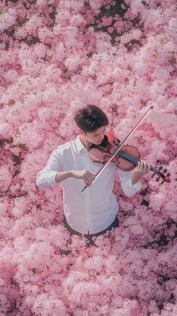 A young man in a white shirt sits amidst a vibrant field of pink blossoms, playing a violin.  The scene is serene and picturesque, the soft pink flowers creating a romantic backdrop for the musician.  Sunlight filters through the blooms, casting a gentle glow on the scene.  The image conveys a sense of peace and tranquility.