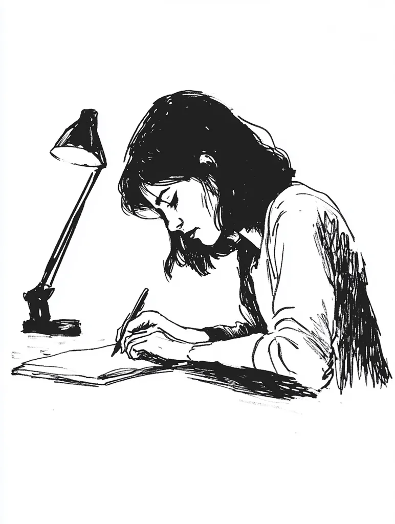 A black and white ink drawing depicts a young woman with dark hair bent over a notebook, writing with a pen.  A desk lamp illuminates her work. The style is expressive and slightly sketchy, focusing on capturing the gesture of the woman concentrating on her writing. The image evokes a feeling of quiet contemplation and creative process.