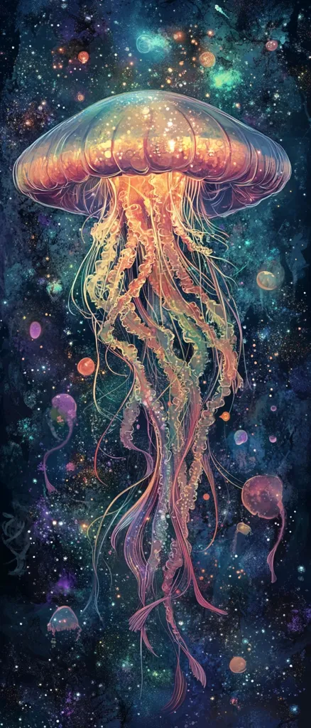 A vibrant jellyfish, its bell glowing with cosmic hues, floats through a star-dusted nebula.  Intricate, flowing tentacles trail behind, mirroring the celestial trails of light. Smaller jellyfish and swirling nebulous forms add depth to this surreal, otherworldly scene, blending the beauty of the ocean's depths with the vastness of space.  The artwork is rich in texture and color, evoking a sense of wonder and mystery.