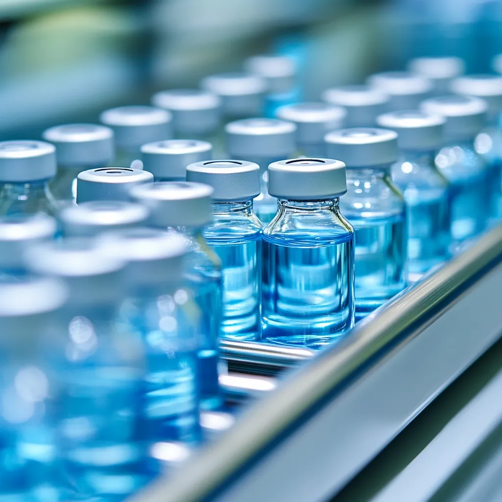 A close-up shot reveals numerous small, clear glass vials filled with a light blue liquid.  The vials are neatly arranged on a metallic tray, suggesting a pharmaceutical or laboratory setting.  The shallow depth of field emphasizes the vials in the foreground, while those further back are softly blurred.  The overall impression is one of sterile cleanliness and precision.