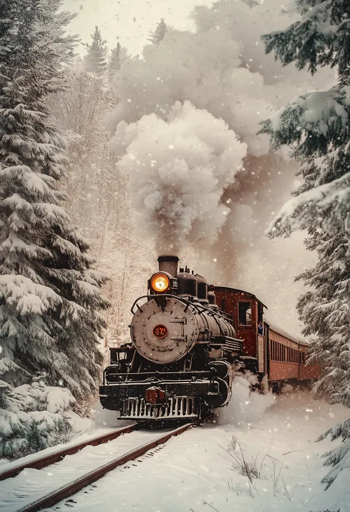 A vintage steam train chugs through a snowy forest, its plume of smoke billowing in the winter air.  Snowflakes fall softly, coating the evergreen trees and the train tracks in a pristine layer of white.  The scene evokes a sense of nostalgic charm and winter wonderland beauty.  The train's headlight shines brightly, cutting through the falling snow.