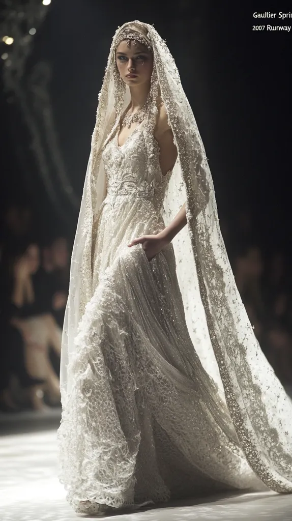 A model gracefully walks the runway in a stunning Gaulier Spring 2007 bridal gown. The intricate, beaded lace dress flows into a long, sheer veil, creating an ethereal look.  The model wears a jeweled headpiece and necklace, complementing the exquisite detail of the gown. The overall effect is one of romantic elegance and sophisticated bridal style.