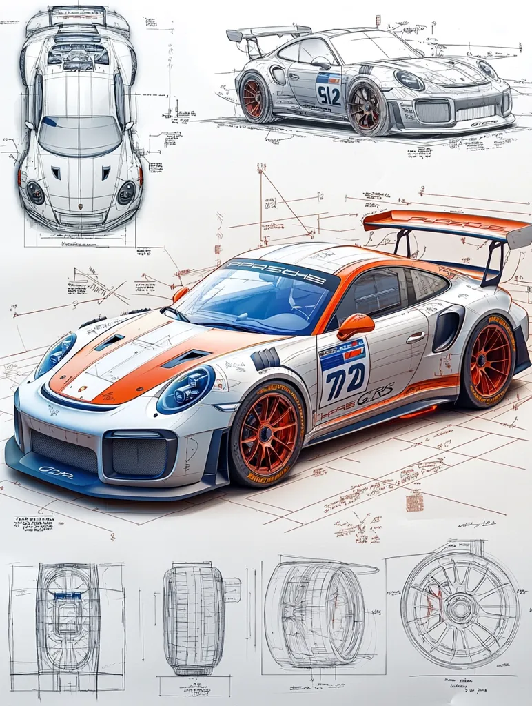 A detailed technical drawing showcases a Porsche 911 GT3 RS race car in various views.  The illustration includes top-down, side, and front perspectives, along with close-ups of the wheels and technical specifications.  The car is rendered in a vibrant orange and white racing livery, number 72 prominently displayed.  Detailed engineering sketches and annotations surround the car, emphasizing its design and technical aspects.