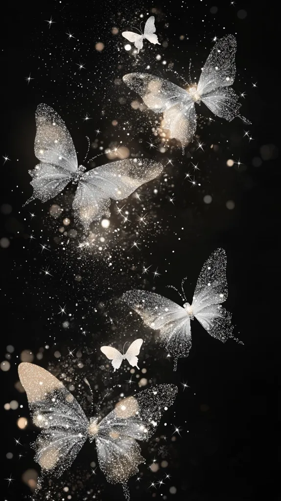 Elegant silver glitter butterflies flutter against a black background speckled with shimmering stars and lights.  The butterflies are depicted in varying sizes and positions, creating a sense of movement and ethereal beauty.  The overall effect is dreamy and magical, suggesting a whimsical, enchanted scene.