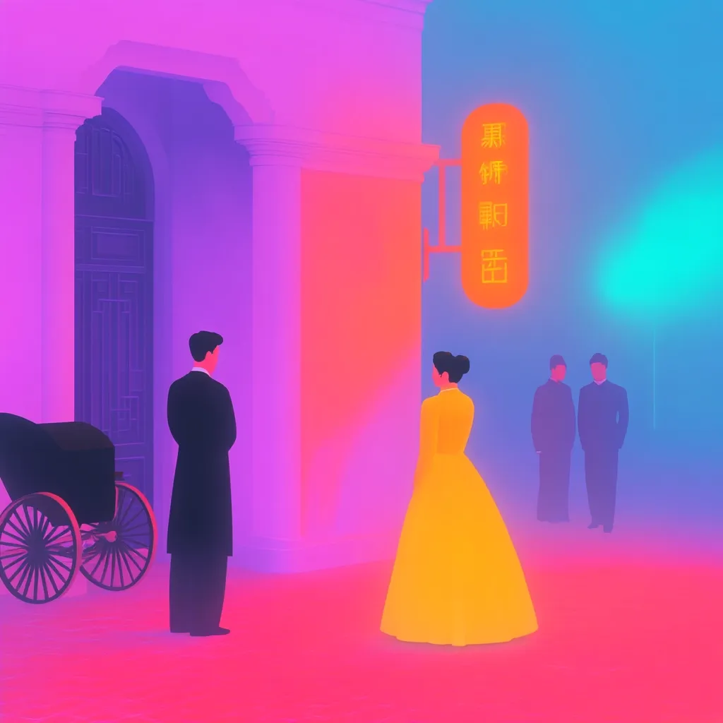 A vibrant, stylized illustration depicts a scene outside a building bathed in neon pink and blue light.  A woman in a flowing yellow gown stands facing a man in a dark suit.  Two more figures in dark suits stand in the background near a glowing Chinese sign.  A horse-drawn carriage is partially visible to the left, adding to the retro atmosphere. The overall aesthetic is reminiscent of film noir, with bold colors and simplified forms.