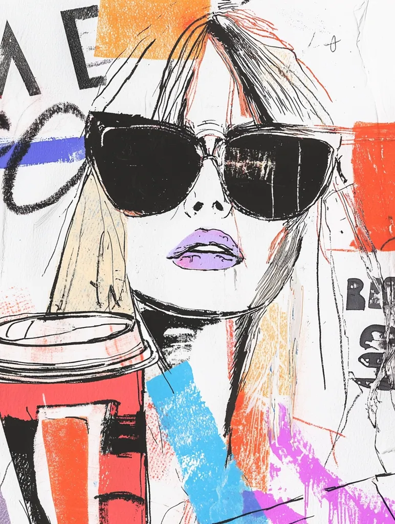 A stylized illustration of a woman wearing oversized sunglasses.  Bold black outlines define her features against a vibrant, abstract background of colorful paint splatters and text fragments. She holds a disposable coffee cup. The overall style is a mix of graphic design and street art, with a strong emphasis on texture and contrast.  The image is energetic and fashionable.
