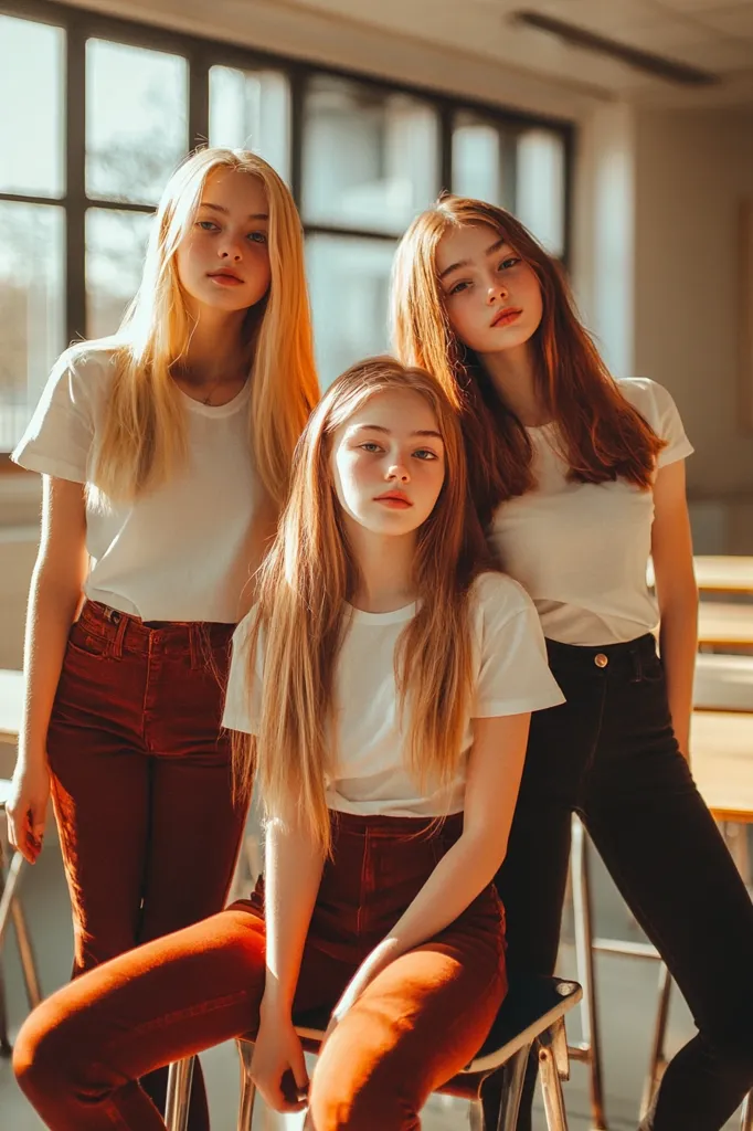 Three teenage girls pose for a photograph.  The girl in the center sits on a chair, while the other two stand behind her. All three wear white t-shirts and high-waisted pants; two wear burnt orange corduroy, one wears black.  Their long hair is styled naturally.  The setting is a sunlit room with large windows and partially visible wooden tables.  The overall aesthetic is casual and natural.