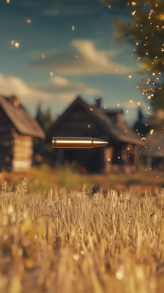 A bullet in mid-flight, sharply focused against a softly blurred background.  Rustic wooden houses and a golden field sit under a partly cloudy sky.  Specks of light, possibly dust or debris, are scattered in the air, suggesting motion and impact. The overall mood is one of action and rural setting.