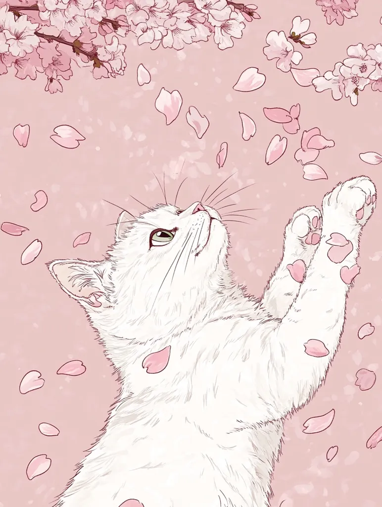 A white cat looks up, paws raised, amidst a gentle shower of pink cherry blossoms.  Delicate pink petals fall around the cat, creating a serene and whimsical scene. The artwork is soft and delicate, with a pastel color palette emphasizing the gentle beauty of spring.  The cat's expression is peaceful and curious, as if enjoying the falling petals.