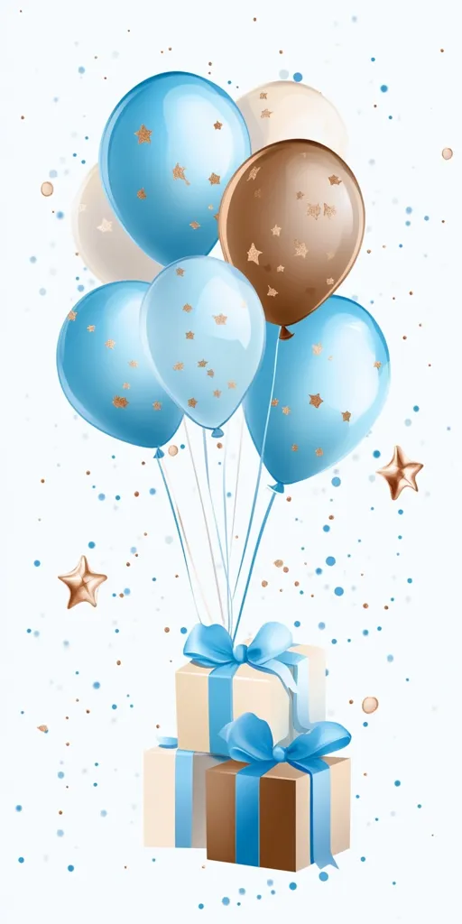 A cluster of pastel-colored balloons, predominantly light blue and beige, adorned with gold stars, floats above two stacked presents.  The presents are wrapped in beige and brown paper, tied with bright blue ribbons.  Confetti in coordinating colors adds to the festive atmosphere, creating a celebratory and joyful image.