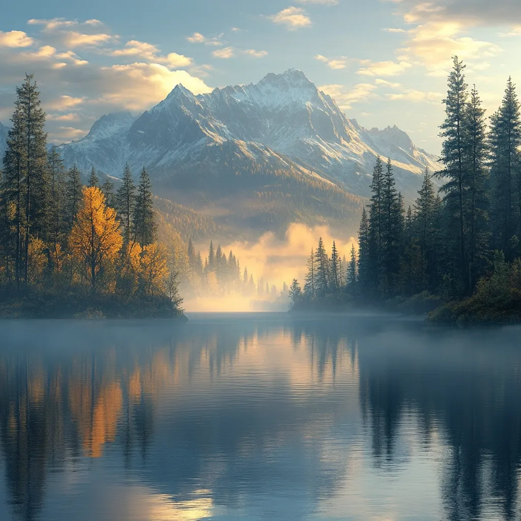 A serene landscape unfolds, showcasing a tranquil lake reflecting a majestic, snow-capped mountain range.  The lake is shrouded in a gentle morning mist, enhancing the mystical atmosphere.  Evergreen trees line the shores, with a splash of autumnal gold adding vibrant contrast.  The scene exudes tranquility and the beauty of nature's untouched splendor.