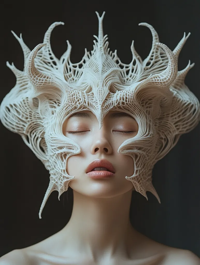 A woman's face is partially obscured by an intricate, off-white headpiece. The headdress is sculpted with a complex, web-like design, featuring sharp, organic protrusions that resemble horns or branches.  Her eyes are closed, and her expression is serene, creating a striking contrast between the delicate features and the bold, fantastical headwear. The overall aesthetic is ethereal and otherworldly.