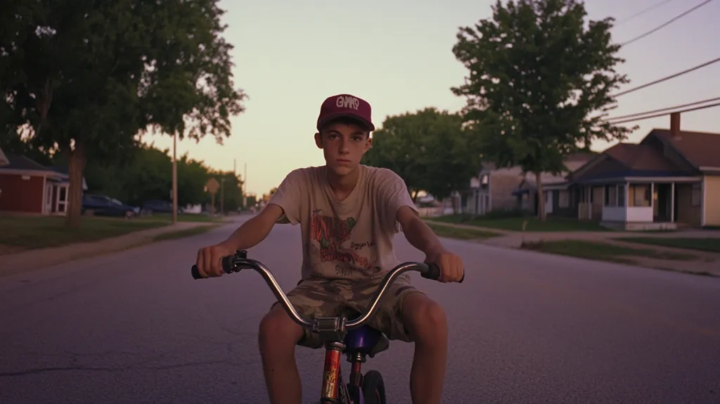 A young boy sits on a small bicycle in the middle of a quiet residential street at dusk.  He wears a tan t-shirt, camouflage shorts, and a red baseball cap. His expression is serious as he looks directly at the camera. Houses line the street, bathed in the soft light of the setting sun. The overall mood is serene and slightly melancholic.