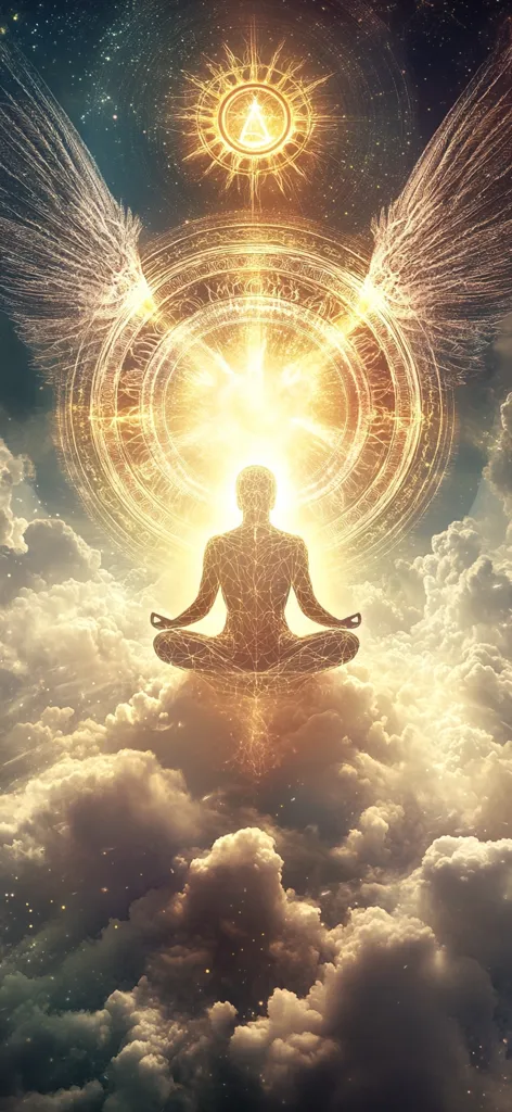 A serene figure sits in a lotus position amidst a celestial landscape.  Golden light emanates from a circular, intricate design, resembling a mandala, behind the figure, which has large, translucent wings. The scene is filled with soft, ethereal clouds and a starry backdrop, suggesting a spiritual or transcendental experience.  The overall image evokes a sense of peace and enlightenment.