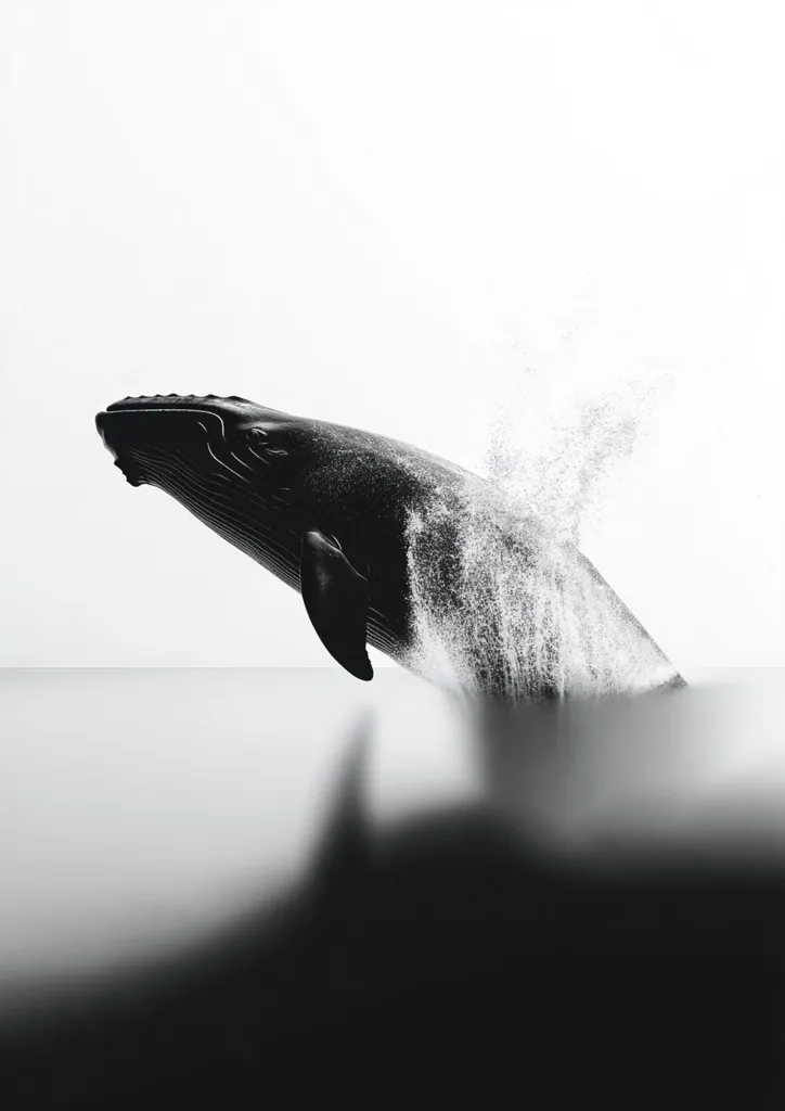 A humpback whale breaches the surface of the ocean, its massive body arcing gracefully against a bright white sky.  Water sprays outwards in a dramatic burst as the whale's powerful tail disappears back into the depths. The monochrome image emphasizes the whale's sleek form and the energy of its movement. The contrast between the dark whale and the light background creates a striking visual impact.