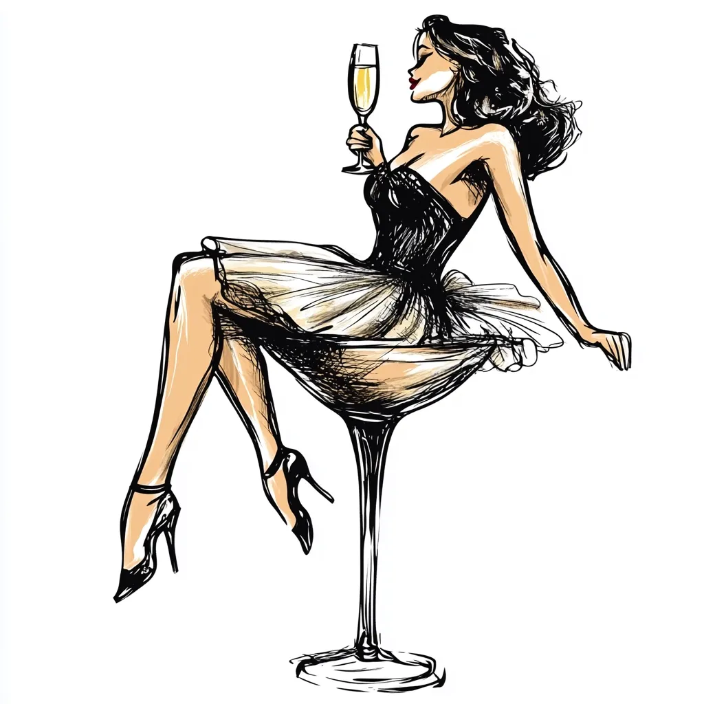 A stylish woman, elegantly dressed in a black bodice and a sheer, flowing skirt, sits perched atop a large martini glass.  She holds a champagne flute, adding to the sophisticated ambiance. The sketch-like artwork is done in black and gold tones, highlighting the woman's graceful pose and the luxurious setting.  The overall impression is one of chic glamour and celebration.