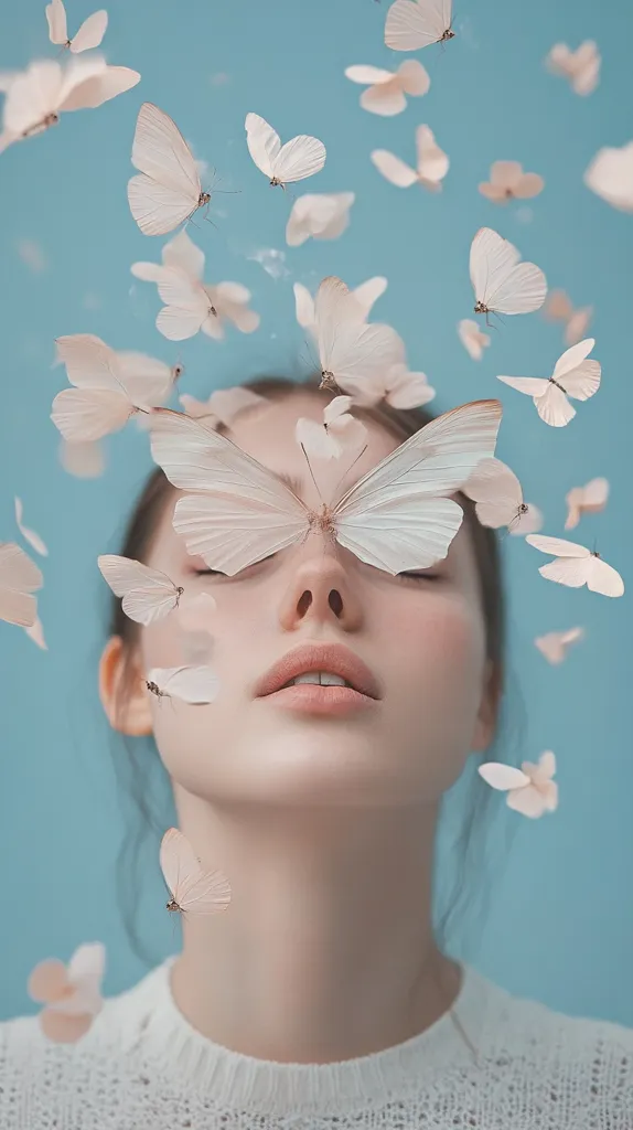 A serene portrait of a young woman with her eyes closed.  Pale pink butterflies, seemingly weightless, surround her face, two large ones gently resting over her eyelids.  The overall mood is calm and ethereal, set against a soft blue background. The woman wears a simple, cream-colored sweater.  The image evokes a sense of peace and tranquility.