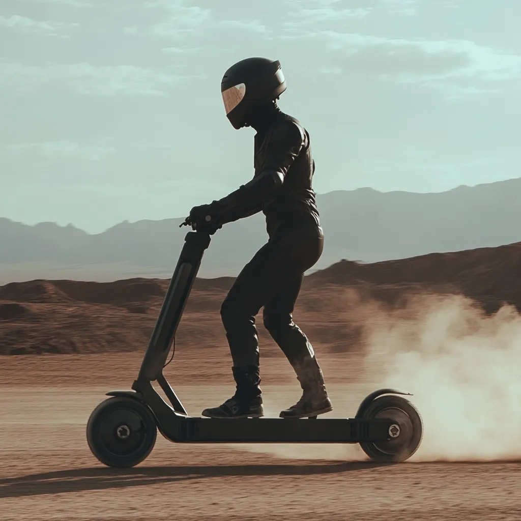 A person in a black motorcycle suit and helmet rides a sleek, black electric scooter across a dusty desert landscape.  The scooter is futuristic in design, with large wheels and a minimalist frame.  A cloud of dust trails behind the scooter as it speeds across the arid terrain under a clear sky. The scene evokes a sense of adventure and speed.