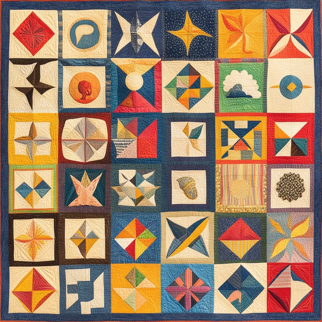 A vibrant patchwork quilt displays a grid of 30 unique squares.  Each square features a distinct geometric or abstract design in a variety of colors and patterns, including stars, diamonds, and swirling shapes. The quilt utilizes a rich palette of reds, yellows, blues, and creams, creating a visually engaging and complex textile artwork.  The individual squares are neatly framed, enhancing the overall design's intricate detail.