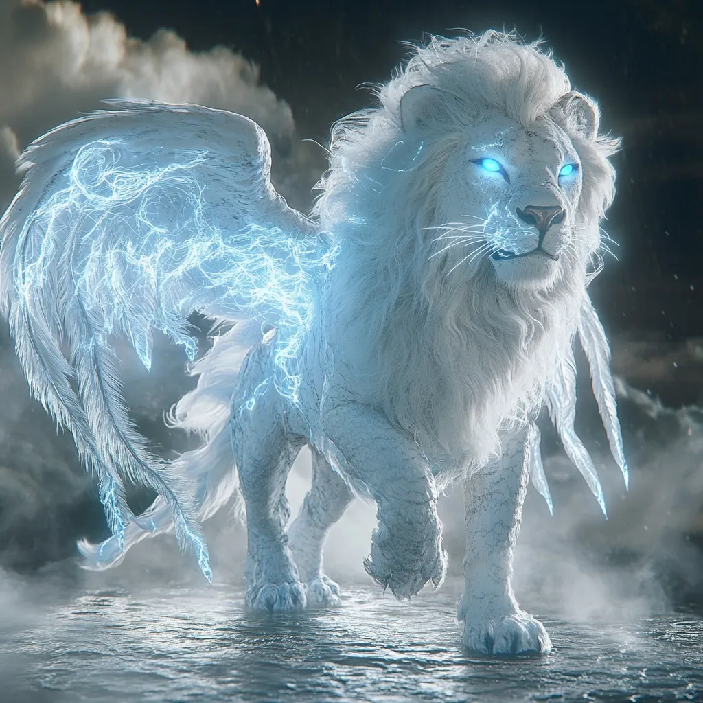 A majestic, snow-white lion, possessing large, luminous blue eyes, strides forward.  Its powerful frame is adorned with ethereal, lightning-charged wings, radiating a mystical aura. The creature's fur appears almost crystalline, reflecting the surrounding dim light.  A smoky mist hangs in the air, enhancing the fantastical ambiance.  The lion exudes an air of power and otherworldly grace.