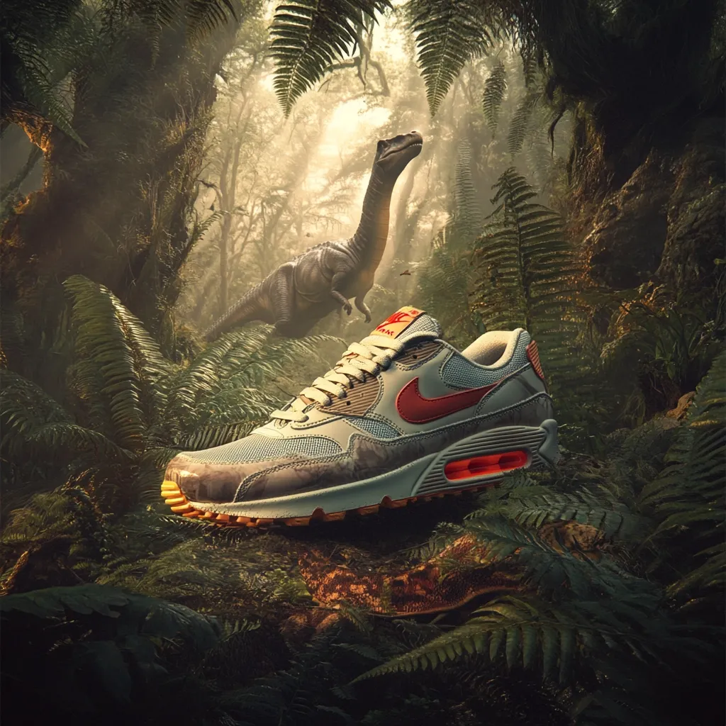 A Nike Air Max 90 sneaker rests on a mossy log in a lush, prehistoric-looking jungle.  The shoe is light gray with a camouflage pattern and red accents.  A long-necked dinosaur stands in the background, adding a Jurassic Park-esque feel to the scene. The overall image is dark and moody, highlighting the shoe against the dense foliage.
