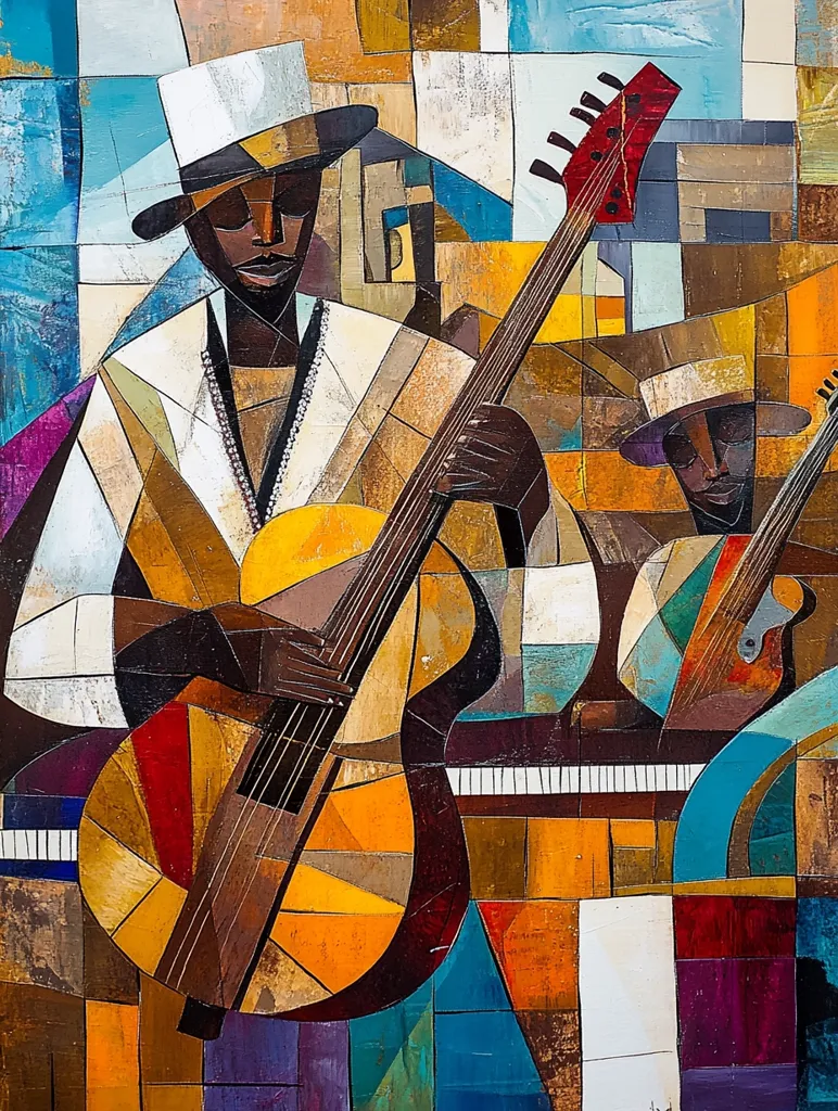 A vibrant, cubist-style painting depicts two musicians.  The central figure, wearing a white hat, plays a large, geometrically-shaped guitar with warm tones of orange and brown.  A second musician, partially visible, holds a smaller guitar. The background is a collage of colorful shapes and textures suggesting a lively urban scene.  The overall style is bold and energetic, emphasizing rhythm and musicality.