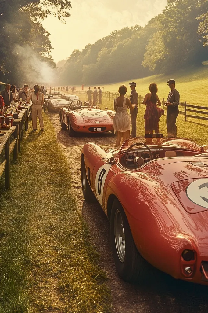 A picturesque scene unfolds along a country lane, where vintage sports cars, predominantly red, are parked. Spectators, dressed in the fashion of a bygone era, mingle near picnic tables. The setting sun casts a warm glow on the lush green landscape, creating a nostalgic atmosphere of a classic car rally or race. The image exudes a sense of timeless elegance and the thrill of vintage motorsport.