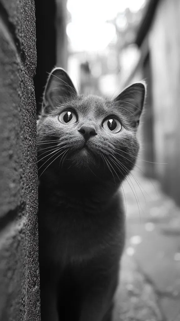 A black and white photograph shows a gray cat peeking from behind a brick wall.  Its large, round eyes are wide, gazing upward with a curious expression.  The cat's fur is smooth, and its whiskers extend outward. The background is blurred, suggesting a narrow alleyway. The overall mood is one of intrigue and quiet observation.