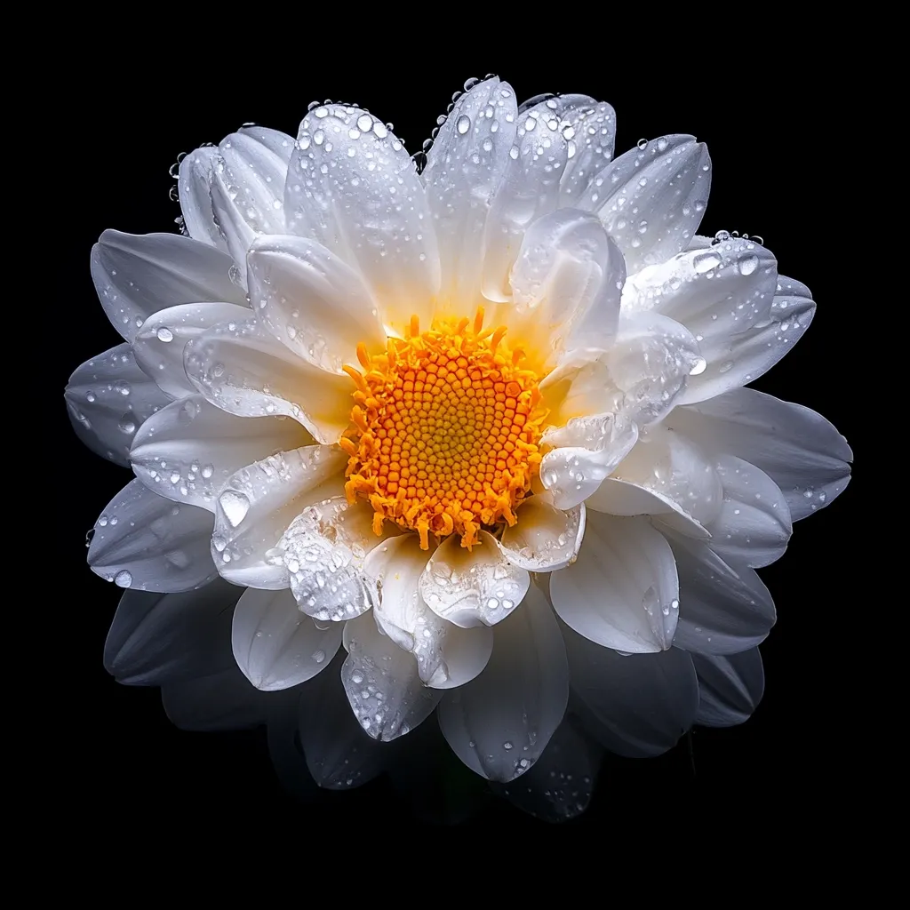 A close-up reveals a white flower, possibly a dahlia, adorned with glistening water droplets on its delicate petals.  The vibrant orange center contrasts beautifully against the pristine white. The image is sharply focused, set against a stark black background, highlighting the flower's intricate details and the play of light on the water droplets. The overall impression is one of freshness and natural beauty.