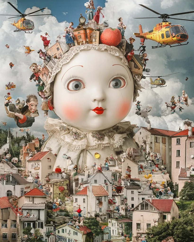 A giant porcelain doll's head dominates the scene, adorned with miniature buildings, figures, and helicopters.  The doll's face is serene, yet the surrounding chaos suggests a whimsical, surreal world.  Tiny people populate a miniature town sprawling beneath the doll's form, creating a fantastical and densely packed composition.  The image blends elements of childhood, imagination, and a bustling urban landscape.