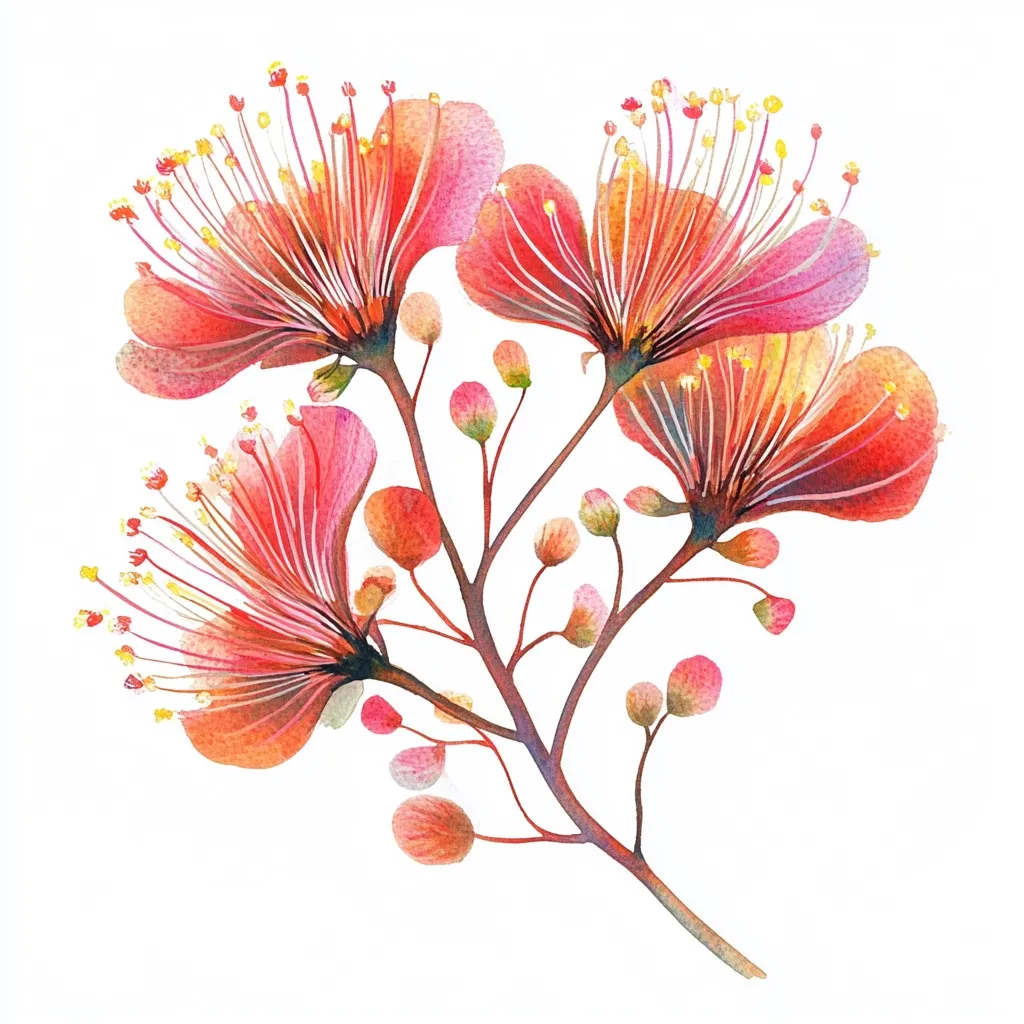 A watercolor painting showcases a delicate branch adorned with vibrant, coral-pink flowers.  The blossoms are intricately detailed, featuring numerous thin, radiating stamens tipped with yellow.  Smaller, unopened buds in varying shades of pink and coral cluster along the stem, adding depth to the composition. The style is both realistic and slightly stylized, creating a graceful and elegant botanical illustration.