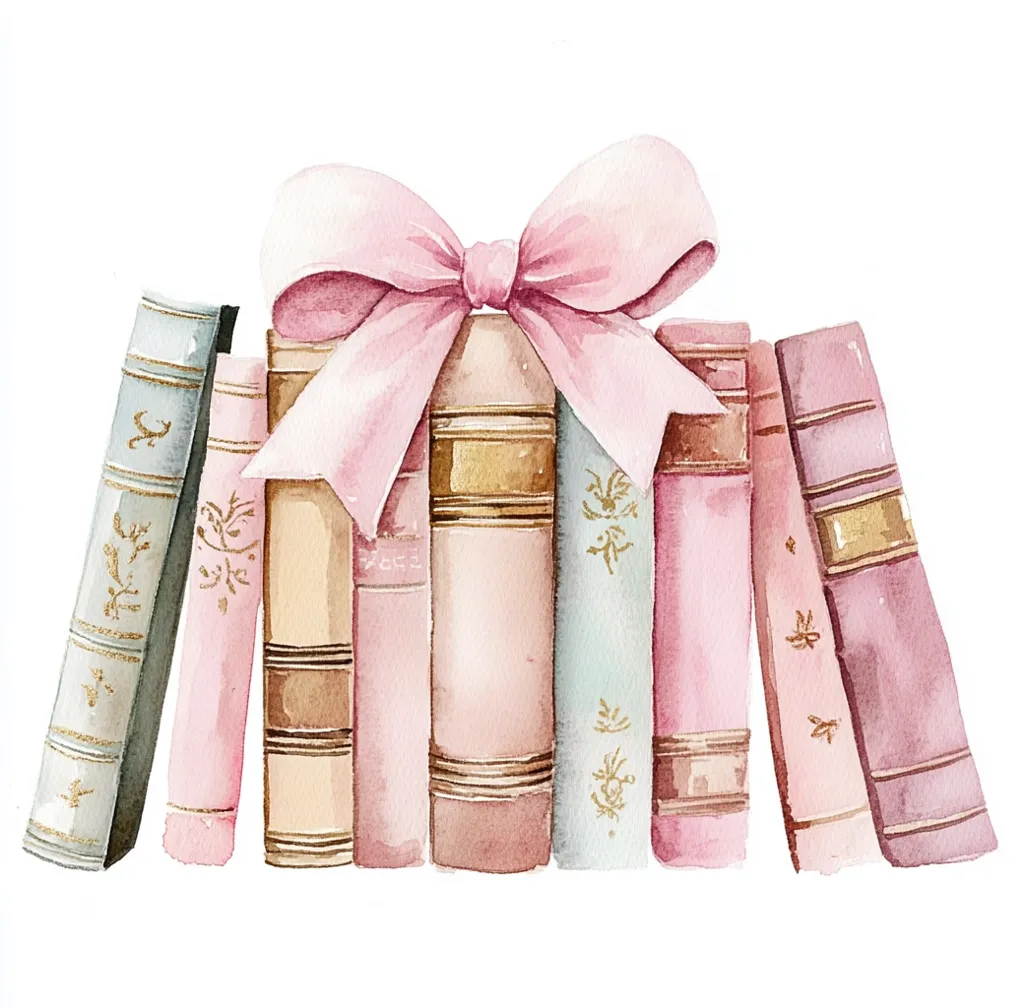 A watercolor painting depicts a stack of pastel-colored books adorned with a large, pale pink bow. The books are various shades of pink, beige, and light blue-green, each with gold detailing on the spines.  The bow sits prominently atop the stack, adding a delicate and feminine touch to the image. The style evokes a sense of vintage charm and elegance.
