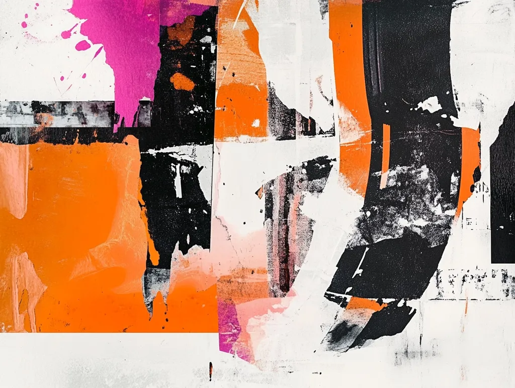 An abstract painting explodes with vibrant color and texture.  Bold strokes of orange, black, and pink are layered and juxtaposed against a white background. The artist uses a collage-like technique, layering paint in a dynamic interplay of shapes and forms.  The overall effect is energetic and expressive, suggesting movement and a sense of urban grit.