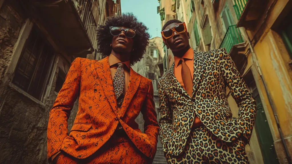 Two stylish men in matching suits stand in a narrow alleyway. One wears an orange textured suit and the other a leopard print suit. Both men sport sunglasses and ties. The alley is flanked by aged buildings with balconies, creating a vintage vibe.  The image is sharply focused, with a low-angle shot creating a dynamic perspective.  Their confident poses and bold attire make a striking visual statement.